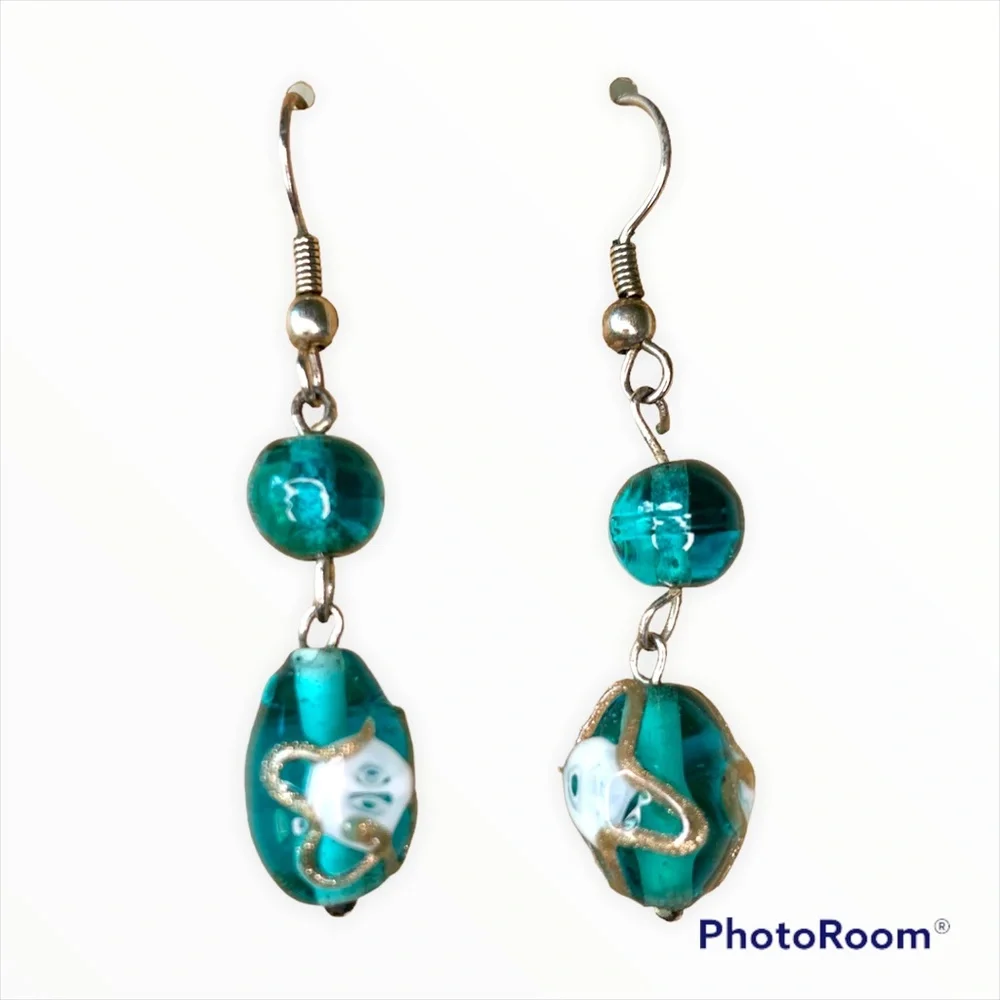 Green Bead with Gold Accent Drop Earrings - Picture 7 of 8